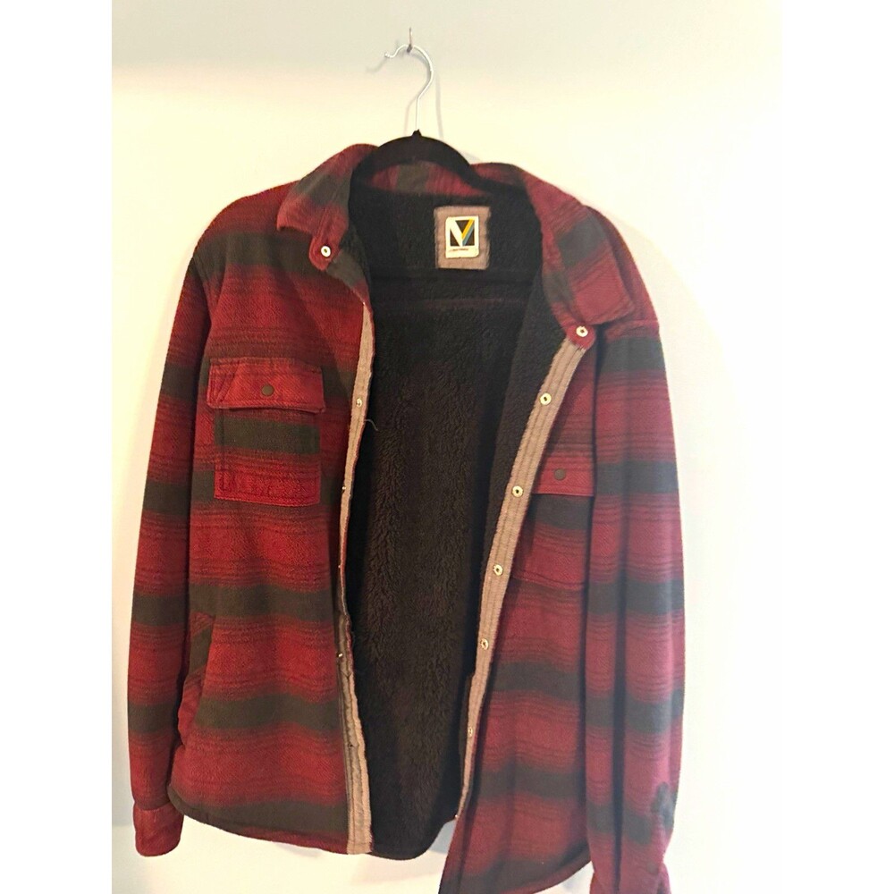 Voyager Mens Red Black Plaid Shacket Fleece Lined Flannel Jacket Gorpcore L